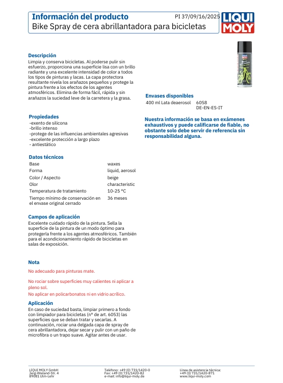 CERA LIQUI MOLY ABRILLANTADORA PARA BICICLETAS 400 ML. - 4