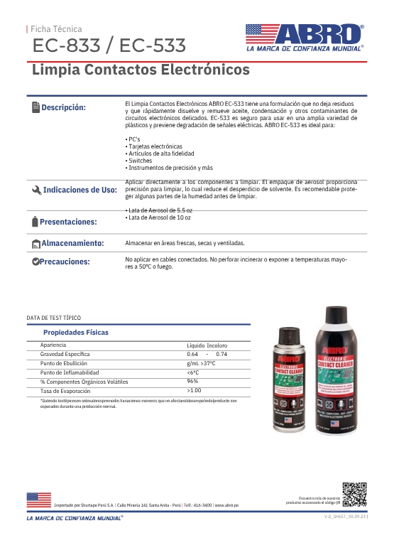 LIMPIA CONTACTOS ELECTRONICOS MARCA ABRO 210 ML. - 2