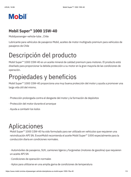 LUBRICANTE MOTOR 15W40 MOBIL SUPER 1000 1 LT. - 2