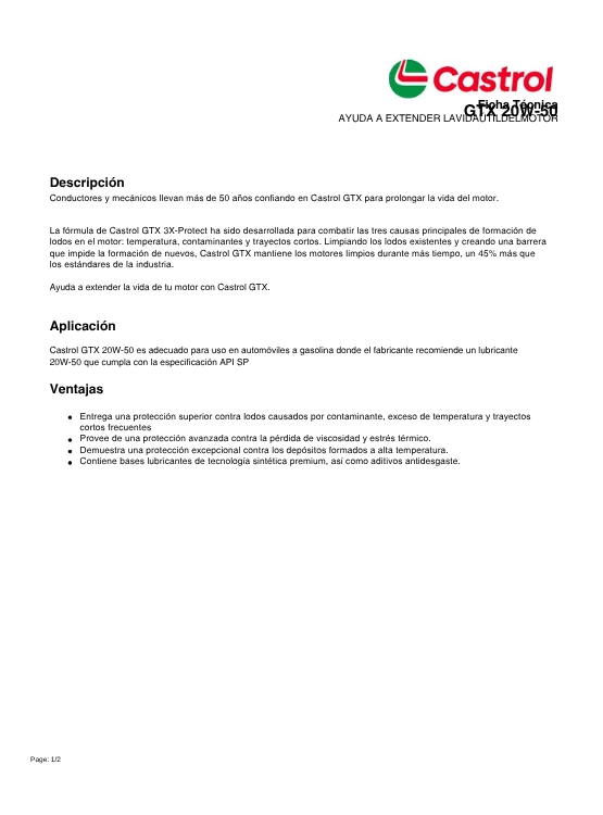 LUBRICANTE MOTOR 20W50 CASTROL GTX 946 ML. - 2