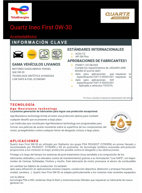 LUBRICANTE MOTOR 0W30 TOTAL QUARTZ FIRST INEO C1 - 2