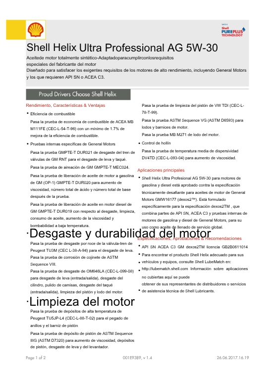 LUBRICANTE MOTOR 5W30 SHELL HELIX ULTRA AG 1 LT. - 3
