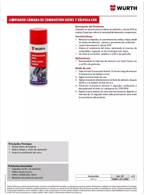 LIMPIADOR DE SISTEMAS DIESEL Y VALVULAS EGR WURTH 400 ML. - 2