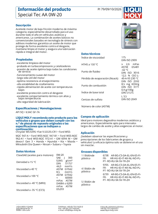 ACEITE MOTOR 0W20 SPECIAL TEC LIQUI MOLY 5 LTS. - 2