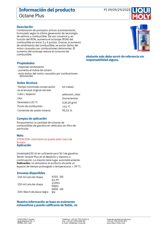 ADITIVO AUMENTADOR OCTANAJE COMBUSTIBLE LIQUI MOLY 150 ML. - 4