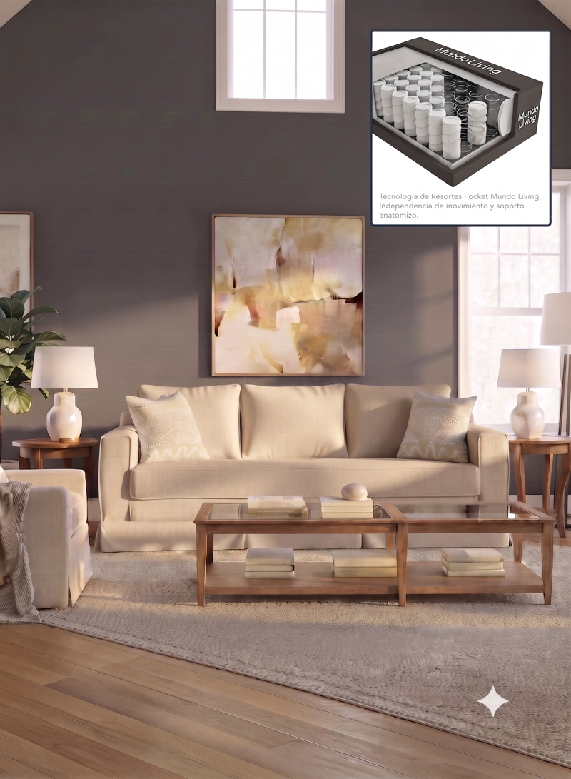 SOFÁ MUNDO LIVING SIENA 3 CUERPOS BEIGE PREMIUN CON RESORTES - 1