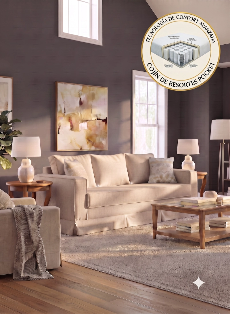 SOFÁ MUNDO LIVING SIENA 3 CUERPOS BEIGE PREMIUN CON RESORTES - 2
