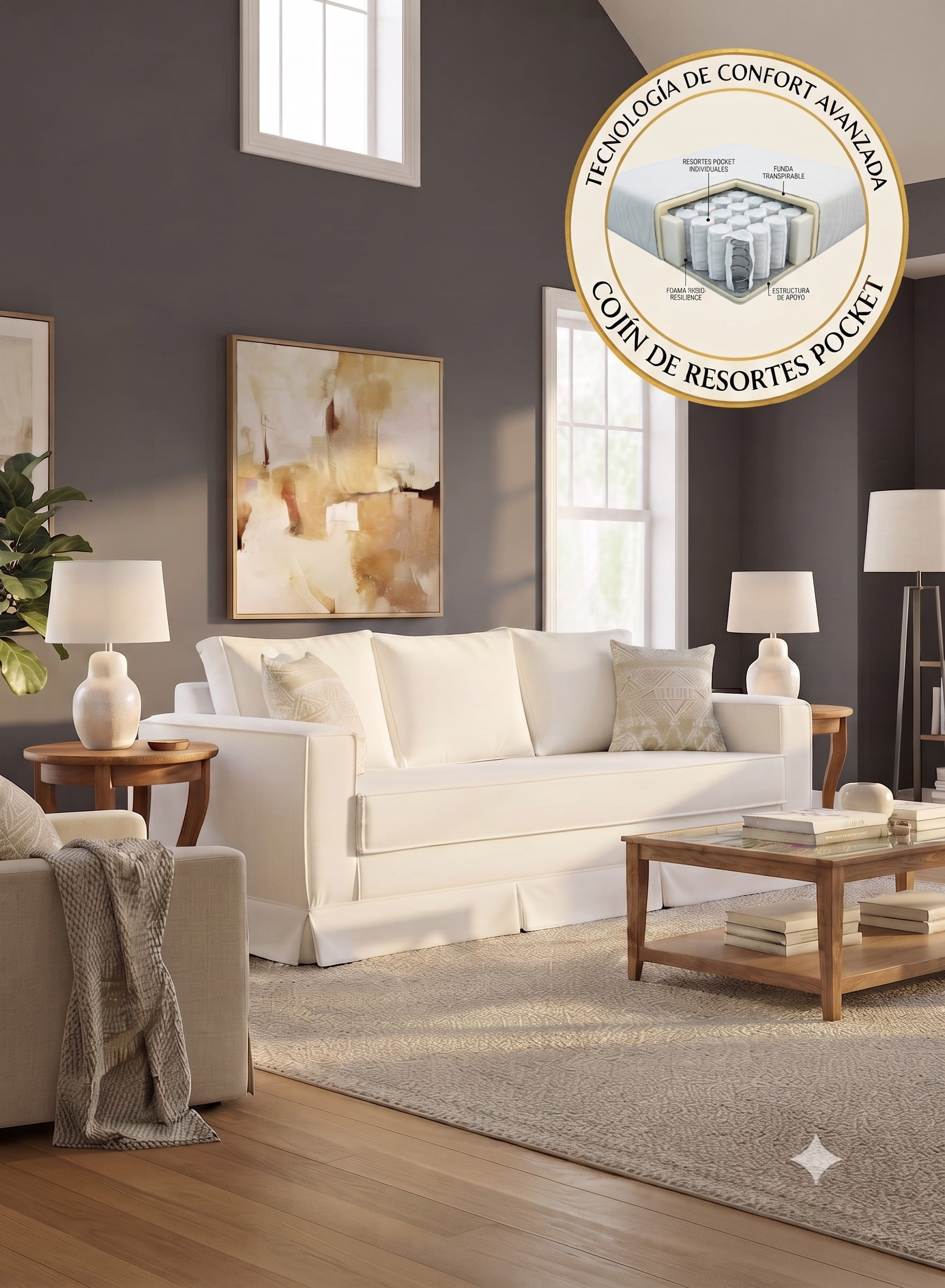 SOFÁ MUNDO LIVING SIENA 3 CUERPOS BLANCO INVIERNO PREMIUN CON RESORTES - 2