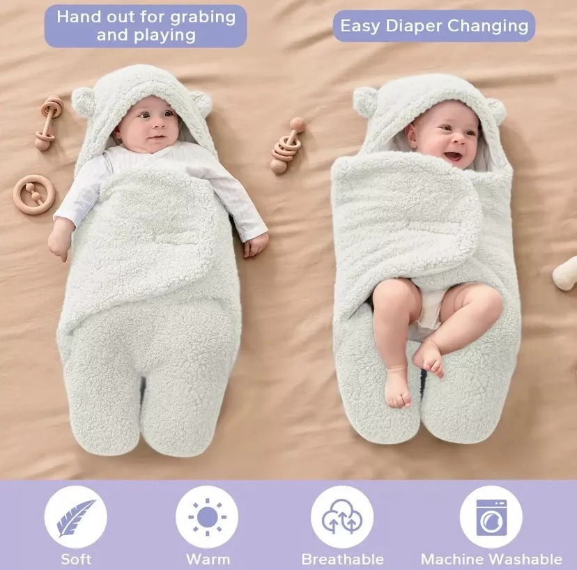 MANTA BEBE SAQUITO CON OREJITAS DE CONEJITO PARA EL INVIERNO - 4