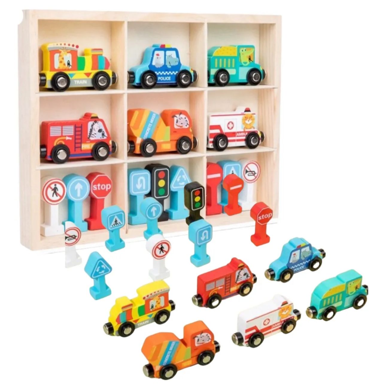 SET DE 6 VEHICULOS DE MADERA CON IMANES SEÑALES DE TRANSITO Y CAJA - 1