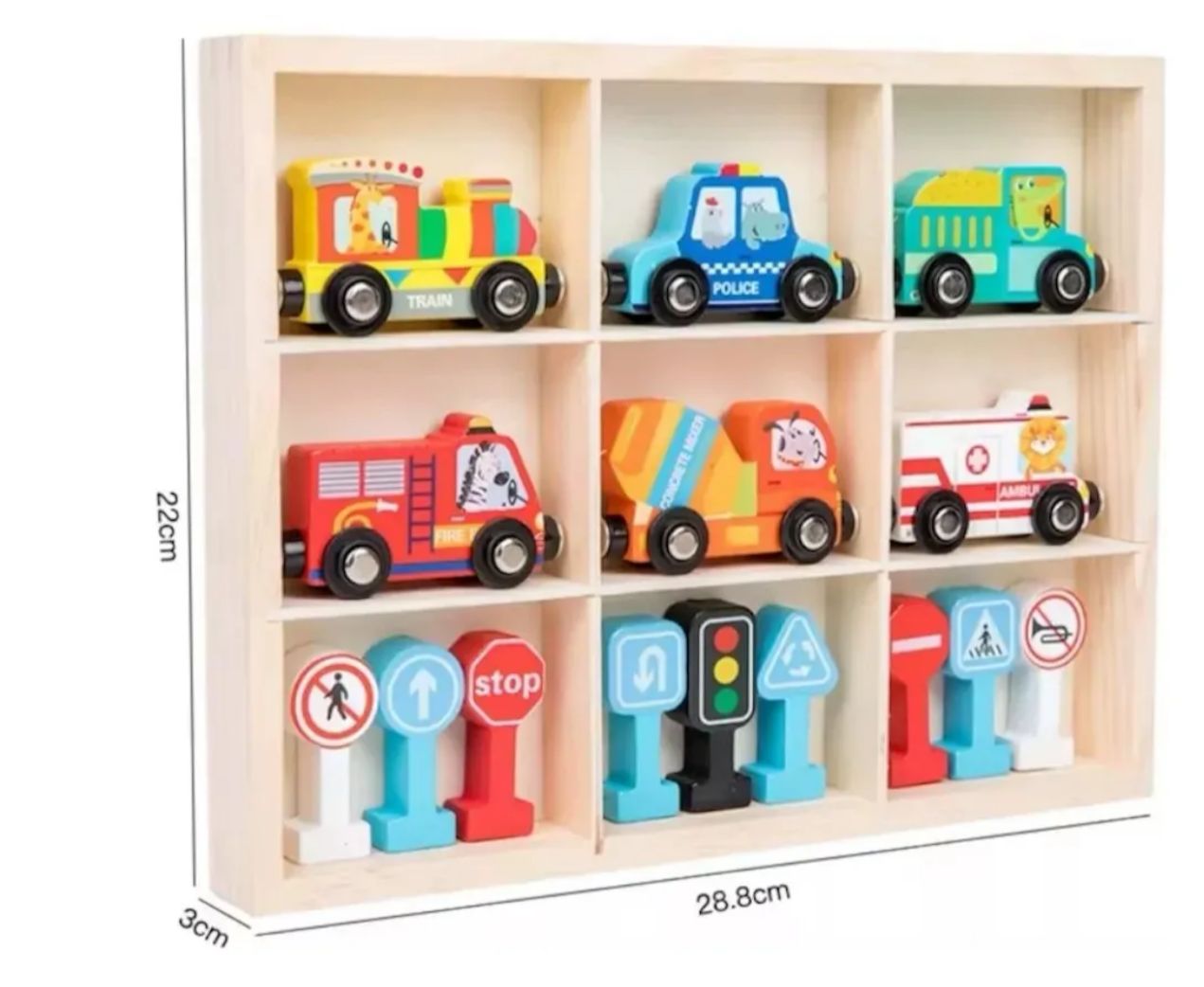 SET DE 6 VEHICULOS DE MADERA CON IMANES SEÑALES DE TRANSITO Y CAJA - 2