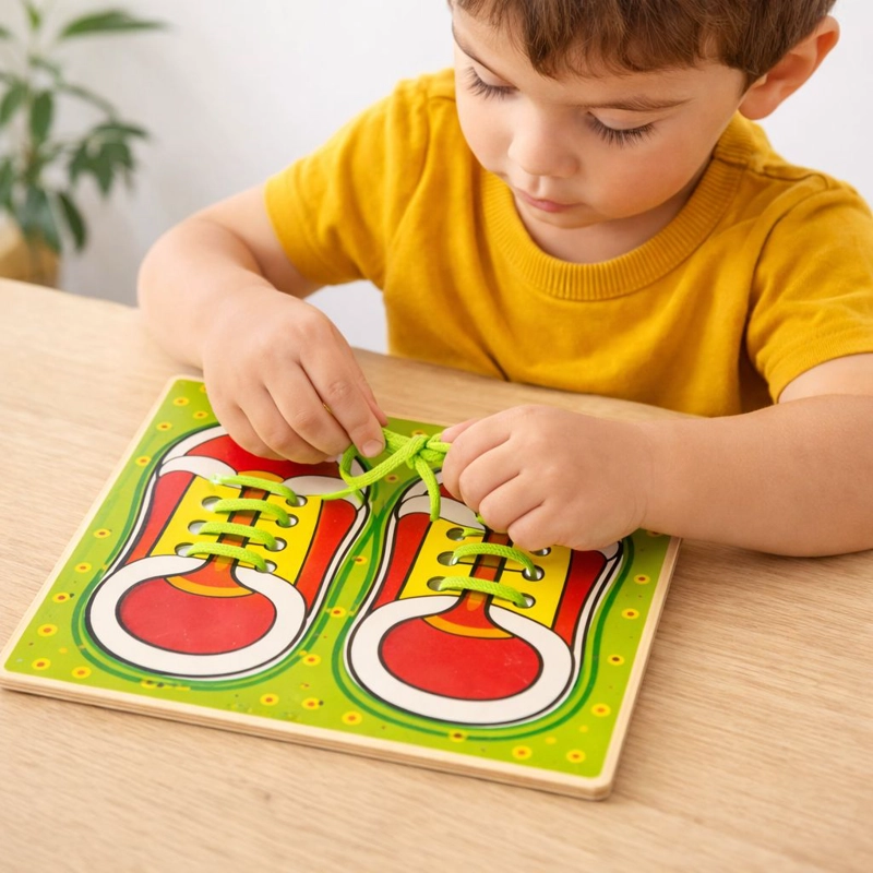 ZAPATO DIDACTICO MADERA PARA APRENDER AMARRAR  CORDONES - 2