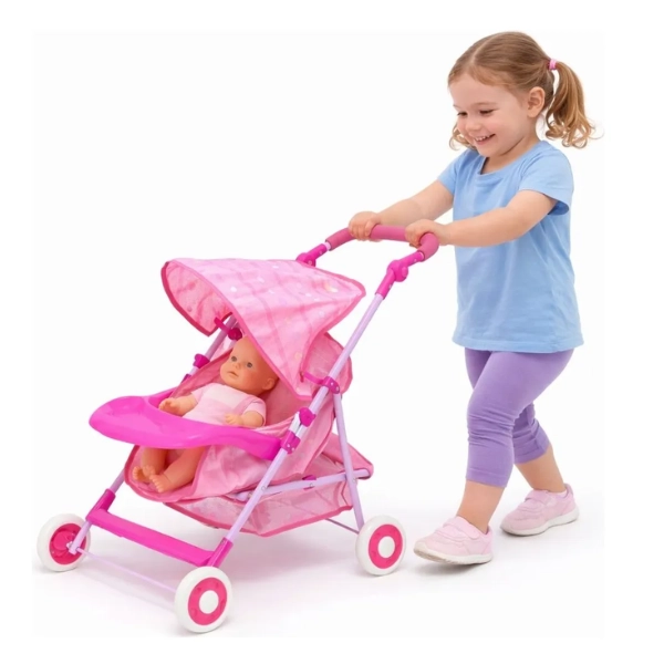 COCHE PARA MUÑECAS PLEGABLE ROSADO CON CANASTO - 2
