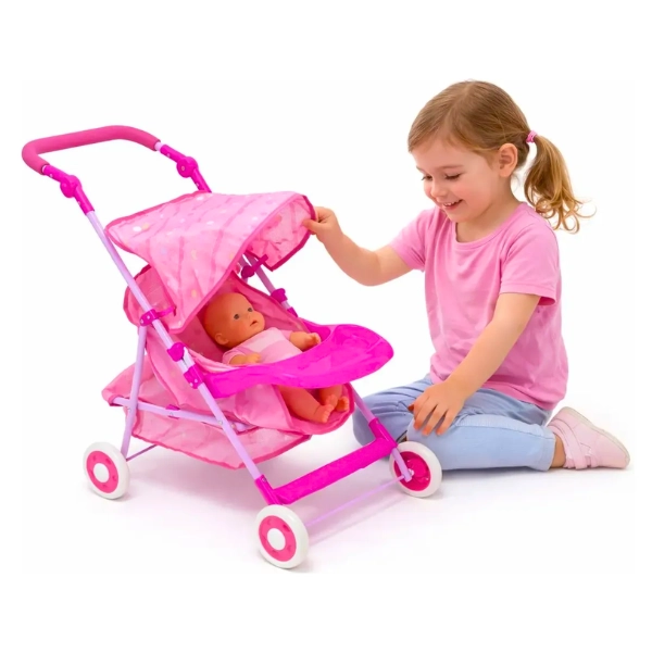 COCHE PARA MUÑECAS PLEGABLE ROSADO CON CANASTO - 3