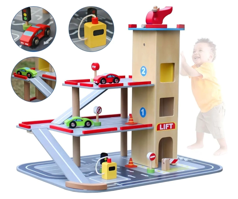 GARAJE DE MADERA CON AUTOS  Y ELEVADOR DIDACTICO - 2
