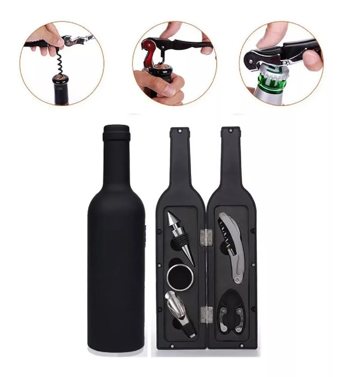 Set De Sacacorchos Para Vino - 4 En 1 Con Vertedor, Tapón Y Anilla Antigoteo, En Caja De Madera, Ideal Regalo