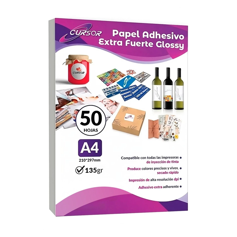 PAPEL ADHESIVO EXTRAFUERTE CURSOR GLOSSY BRILLANTE A4 135G 50HOJAS - 1