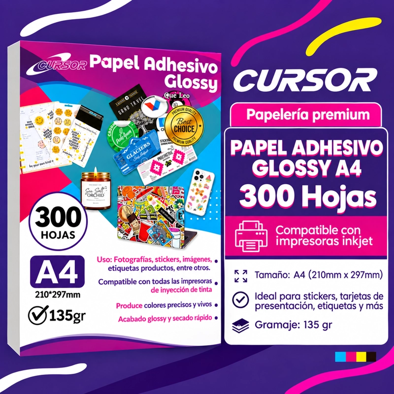 PAPEL GLOSSY ADHESIVO 135G A4 CURSOR PACK 300 HOJAS - 2