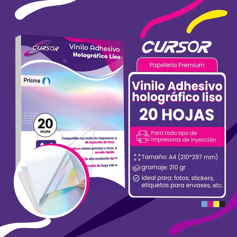 PAPEL VINILO ADHESIVO TORNASOL IMPRIMIBLE CURSOR A4 20HOJAS - 3