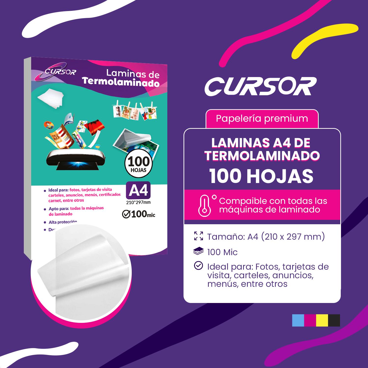 100 MICAS LAMINAS TERMOLAMINADORA TAMAÑO A4 100 MIC CURSOR BLANCO TAMAÑO A4 - 2
