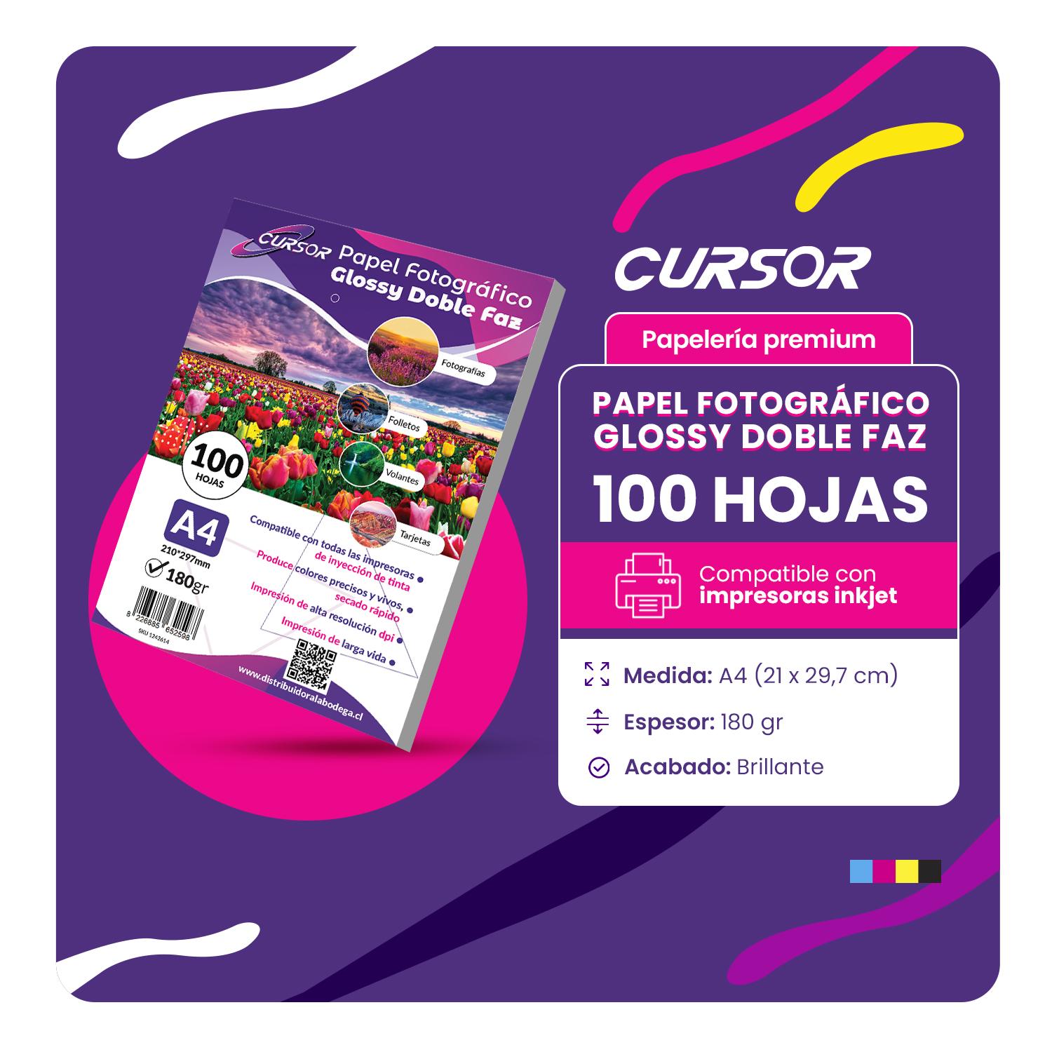 PAPEL FOTOGRAFICO DOBLE FAZ GLOSSY CURSOR A4 180 GR 100 HJS - 2