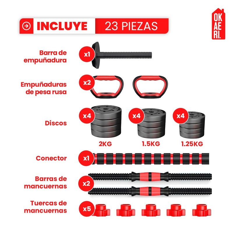SET MANCUERNA AJUSTABLE 20KL PESA RUSA, BARRA EXTENSION MARCA OKAERI - 2