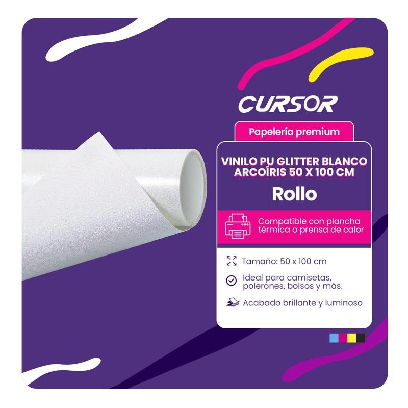 VINILO PU GLITTER BLANCO ARCOIRIS 50 CM X 1 MT BLANCO CURSOR - 3