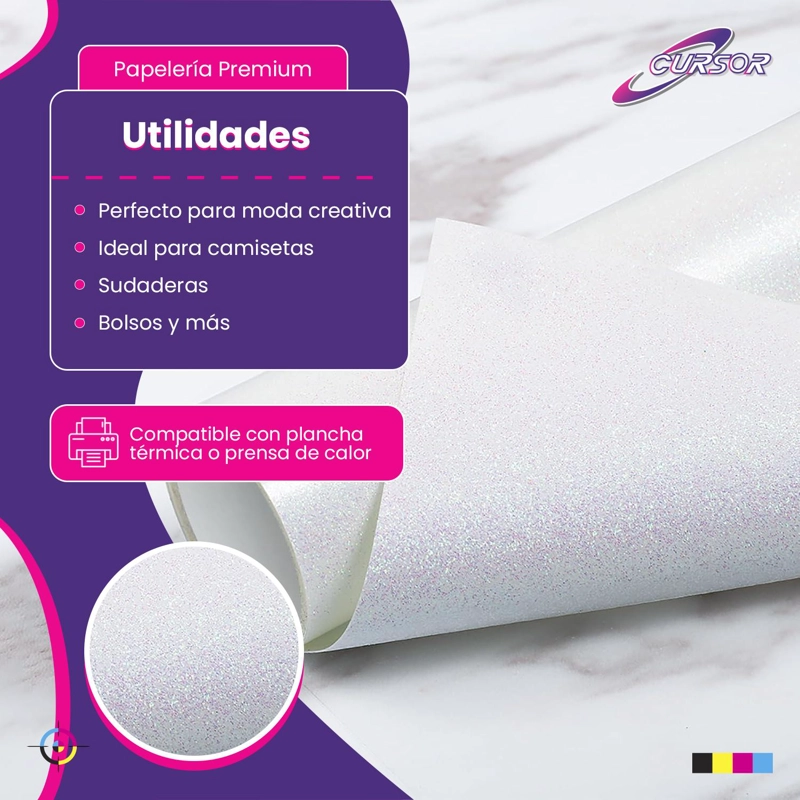 VINILO PU GLITTER BLANCO ARCOIRIS 50 CM X 1 MT BLANCO CURSOR - 4
