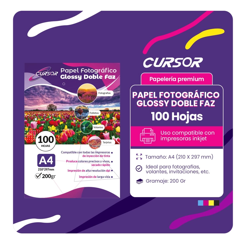 PAPEL FOTOGRAFICO BRILLO A4 DOBLE CARA 200GR FLYERS FOLLETOS 100 HOJAS CURSOR - 2