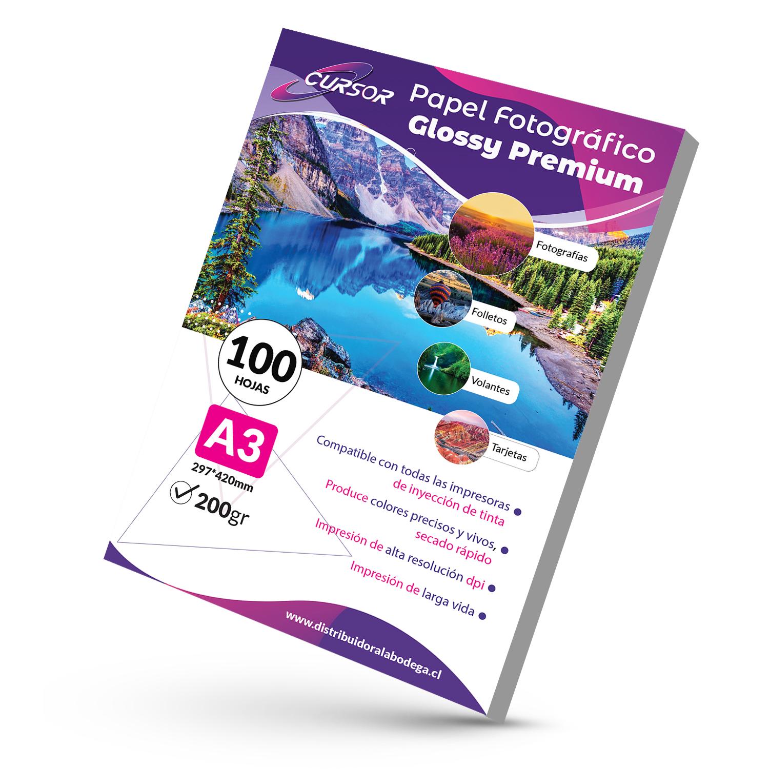PAPEL FOTOGRAFICO GLOSSY A3 200 GR PACK 100 HOJAS CURSOR - 1