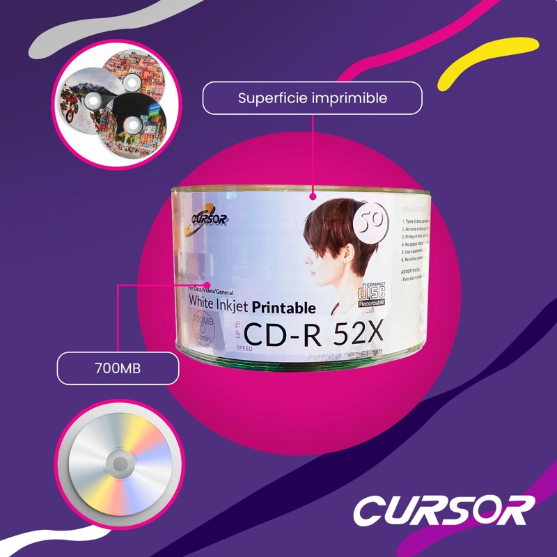 CD R CDS IMPRIMIBLE 52X700MB TORTA 100 UNIDADES CURSOR - 7