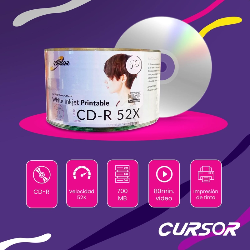 CD R CDS IMPRIMIBLE 52X700MB TORTA 100 UNIDADES CURSOR - 8