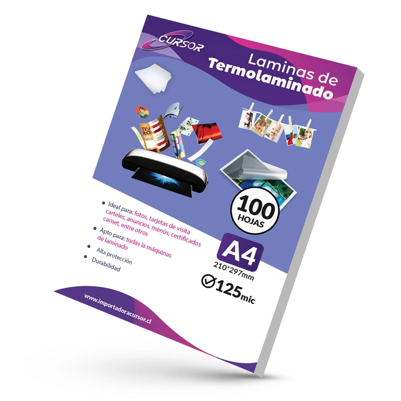 100 MICAS TERMOLAMINADORA PLASTIFICADORA A4 125MIC CURSOR TAMAÑO A4 - 1