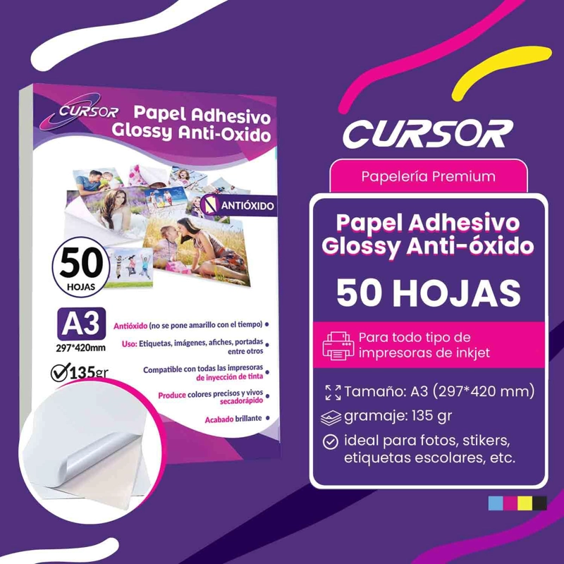 PAPEL ADHESIVO GLOSSY ANTIOXIDO A3/135G/50 HOJAS - 2
