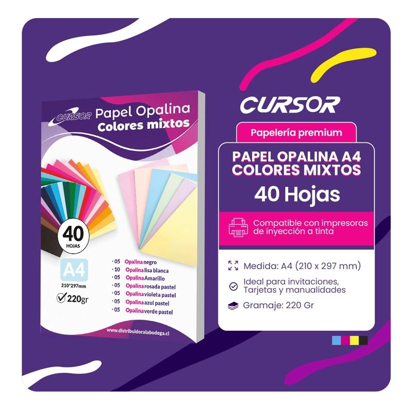 PAPEL OPALINA DOBLE FAZ INKJET 220G 40 HOJAS A4 CURSOR MULTICOLOR TAMAÑO A4 - 2