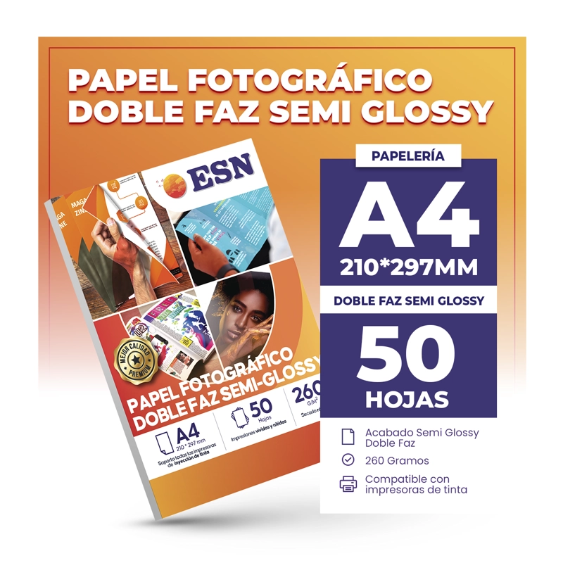 PAPEL FOTOGRAFICO DOBLE FAZ SEMI GLOSSY 260GR A4 50 HOJAS ESN TAMAÑO A4 - 2
