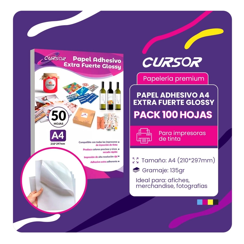 PAPEL GLOSSY ADHESIVO EXTRAFUERTE CURSOR - A A4 135G 100H TAMAÑO A4 - 2