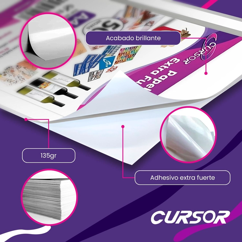 PAPEL GLOSSY ADHESIVO EXTRAFUERTE CURSOR - A A4 135G 100H TAMAÑO A4 - 3