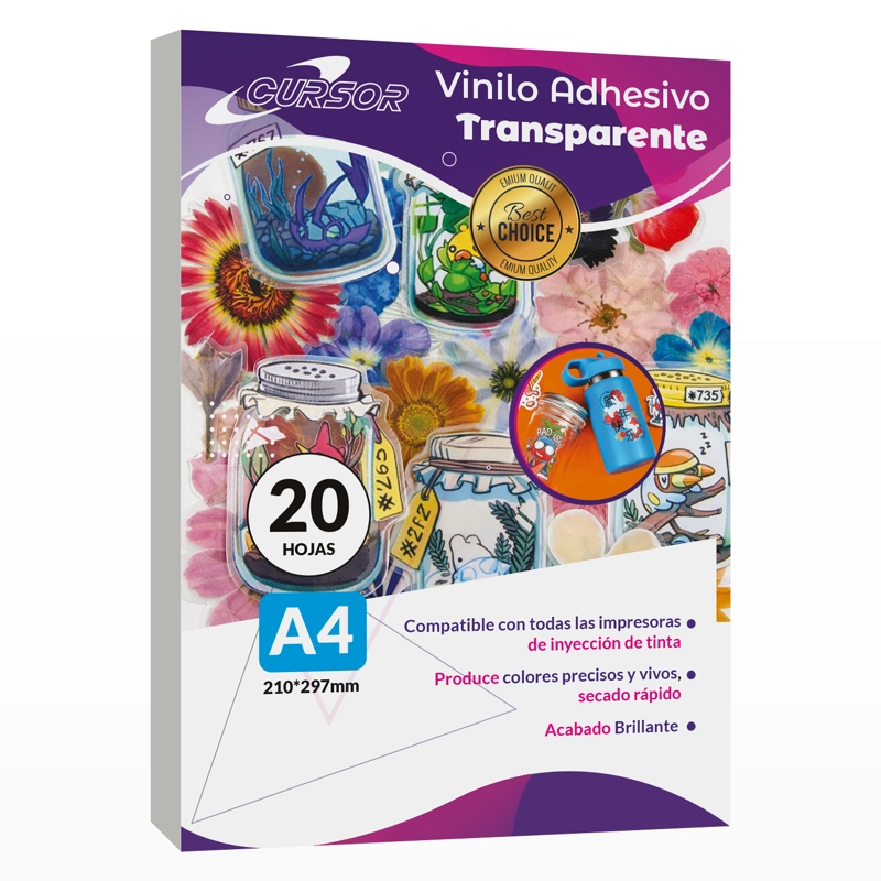 PAPEL VINILO ADHESIVO IMPRIMIBLE TRANSPARNTE A4 INKJET 20HJS - 1