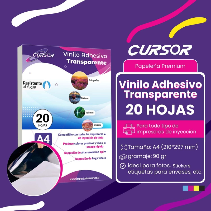 PAPEL VINILO ADHESIVO IMPRIMIBLE TRANSPARNTE A4 INKJET 20HJS - 3