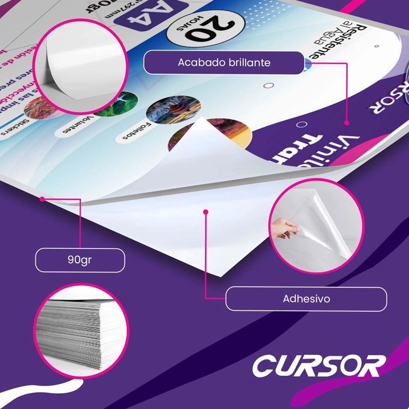 PAPEL VINILO ADHESIVO IMPRIMIBLE TRANSPARNTE A4 INKJET 20HJS - 4