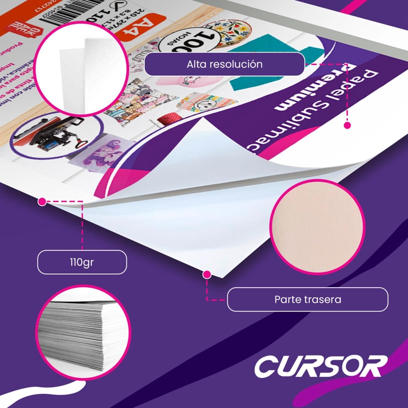 PAPEL SUBLIMACION A4 CURSOR 100 HOJAS 110G PREMIUM PRO COLOR - 3