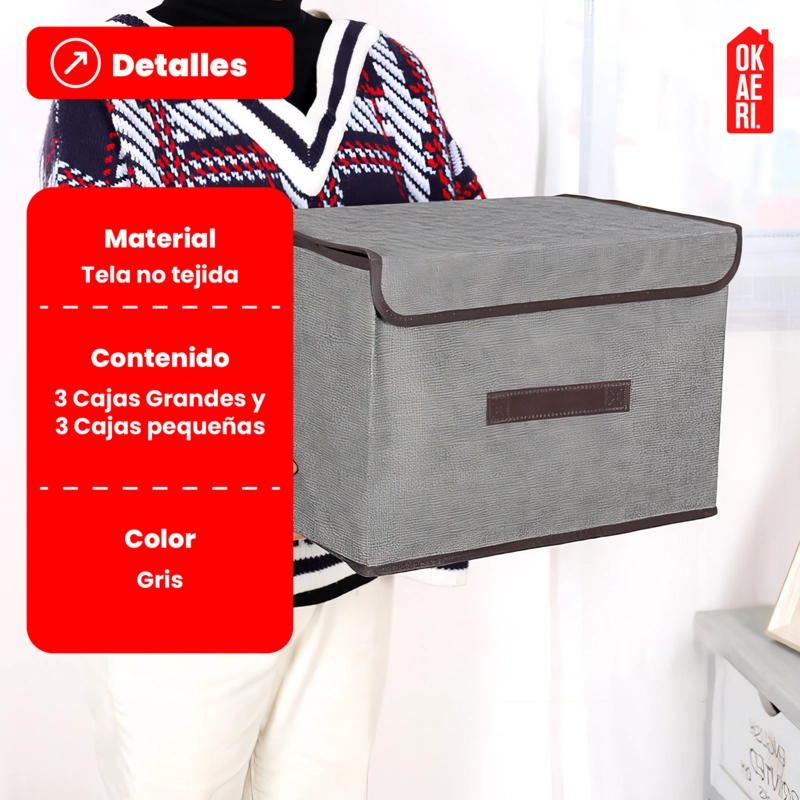 6 CAJAS ORGANIZADORAS C/TAPA OKAERI TELA ALMACENAMIENTO GRIS - 2