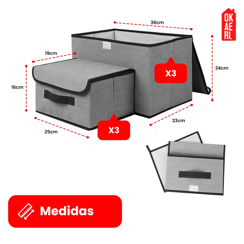 6 CAJAS ORGANIZADORAS C/TAPA OKAERI TELA ALMACENAMIENTO GRIS - 3