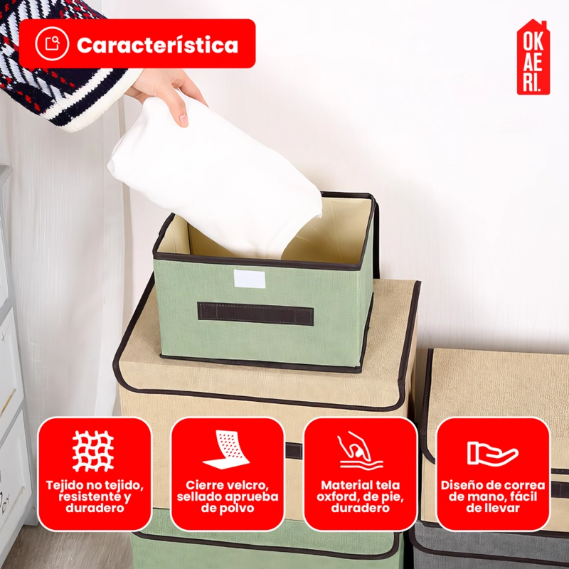 6 CAJAS ORGANIZADORAS C/TAPA OKAERI TELA ALMACENAMIENTO GRIS - 4