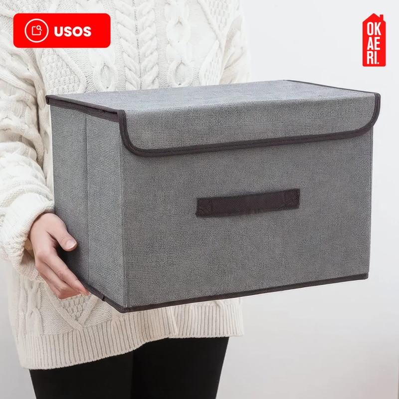 6 CAJAS ORGANIZADORAS C/TAPA OKAERI TELA ALMACENAMIENTO GRIS - 7