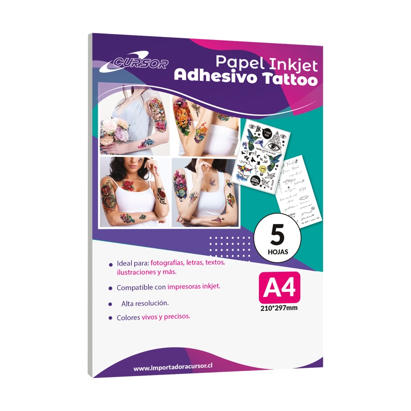 PAPEL TATUAJE TEMPORAL TRANSPARENTE INKJET 5 HOJAS A4 CURSOR TAMAÑO A4 - 1