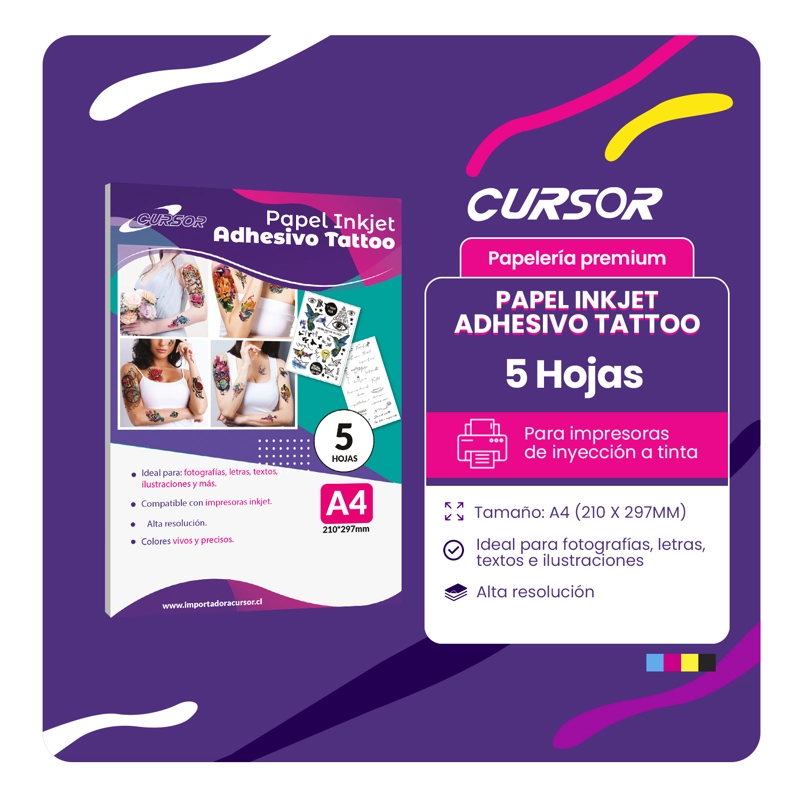PAPEL TATUAJE TEMPORAL TRANSPARENTE INKJET 5 HOJAS A4 CURSOR TAMAÑO A4 - 2