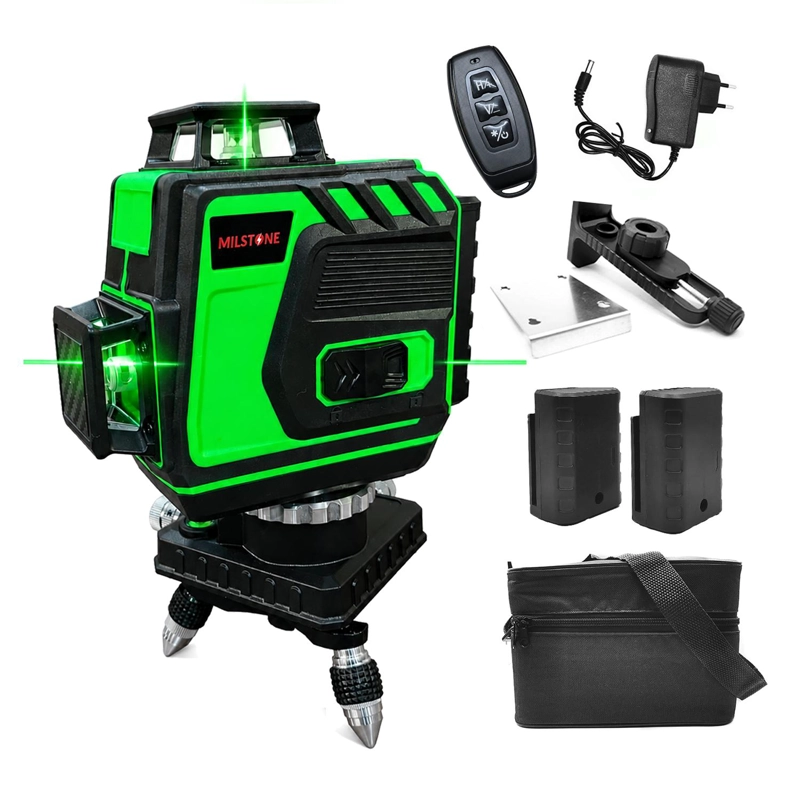 NIVEL LASER LITIO 12 LINEAS 3D - 4D BASE METALICA VERDE MILSTONE - 1