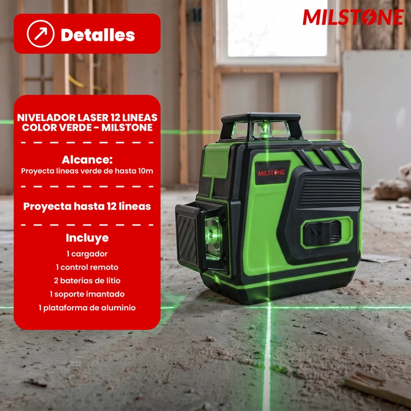 NIVEL LASER LITIO 12 LINEAS 3D - 4D BASE METALICA VERDE MILSTONE - 2
